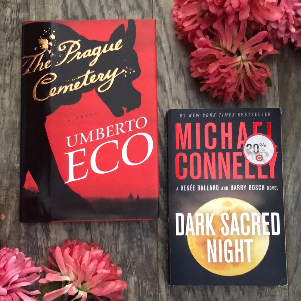 PRAGUE CEMETARY & DARK SACRED NIGHT hardcover & paperback fiction thrillers